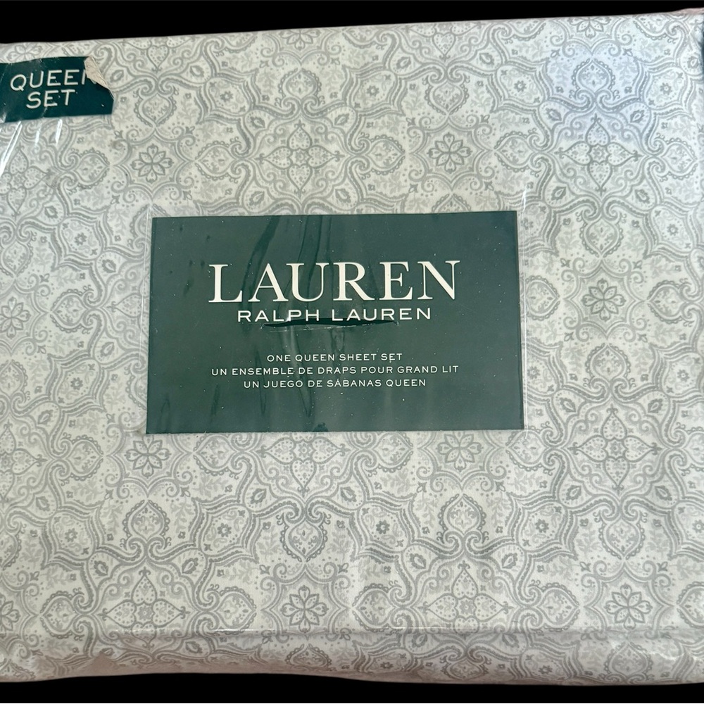 Ralph Lauren QUEEN 4 piece sheet set Gray/White Medallion Floral 100% Cotton NEW